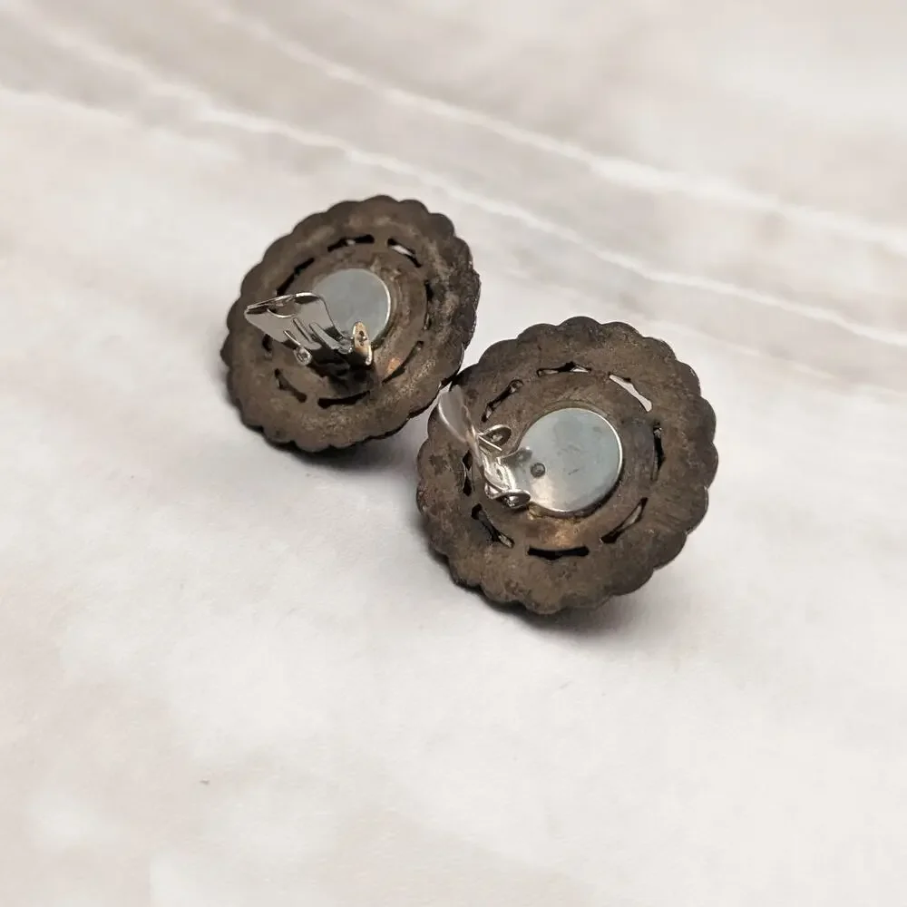 Vintage Clip On Earrings Large Chunky Statement Dark Bronzeish Tone Faux Pearl